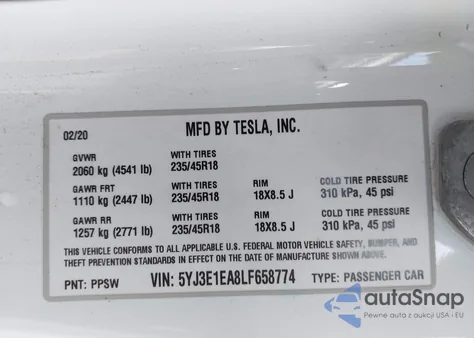 2020 Tesla Model 3 Standard Range Plus Rear-Wheel Drive/Standard Range Rear-Wheel Drive from USA, damaged, VIN 5YJ3E1EA8LF658774